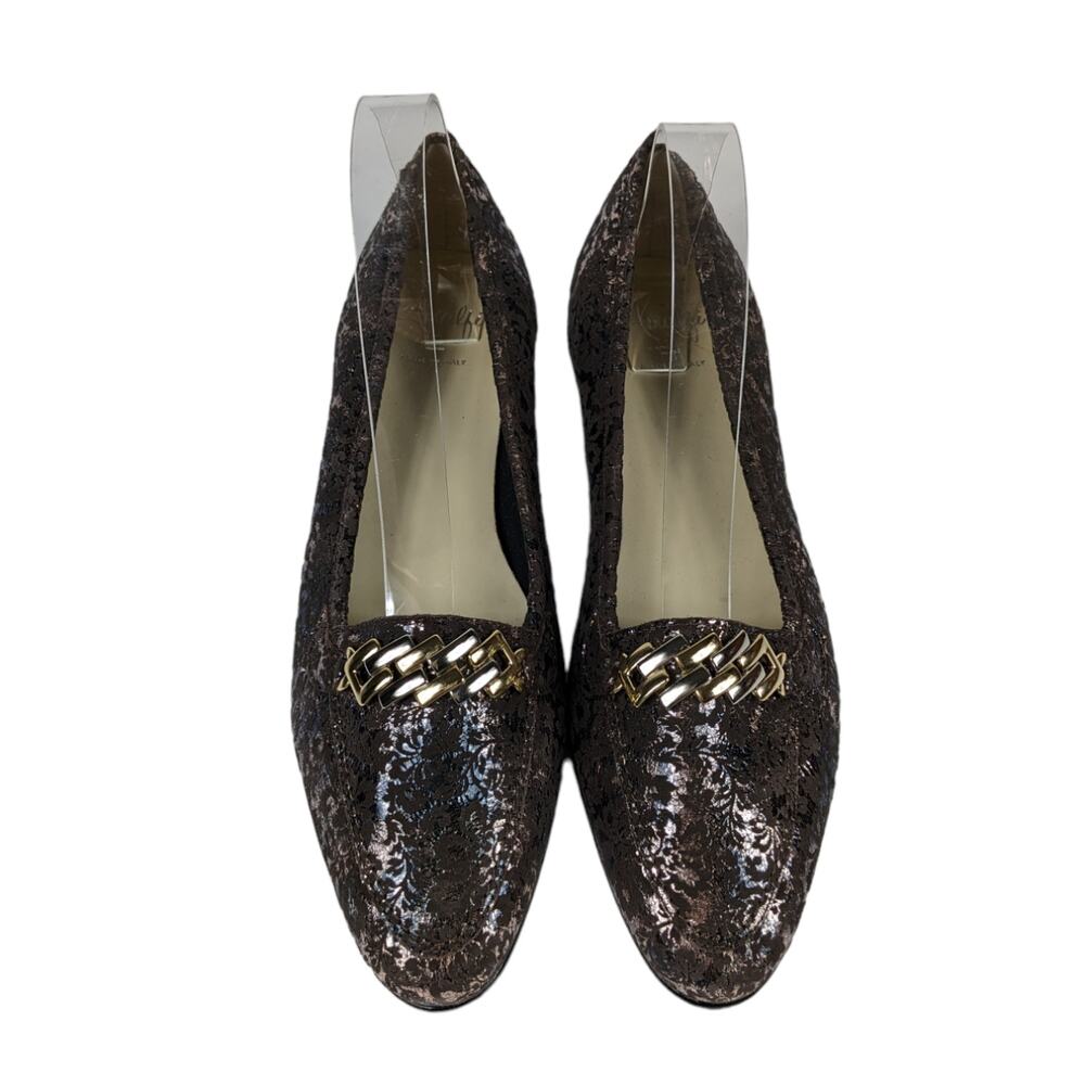 Amalfi Womens Flats 10 Dark Brown Gold Metallic Slide On Buckle Loafers Shoes